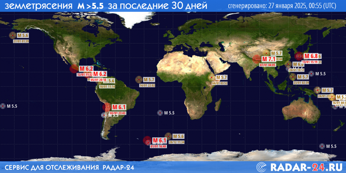 Землетрясения магнитудой 5.5 и более за последние 30 дней