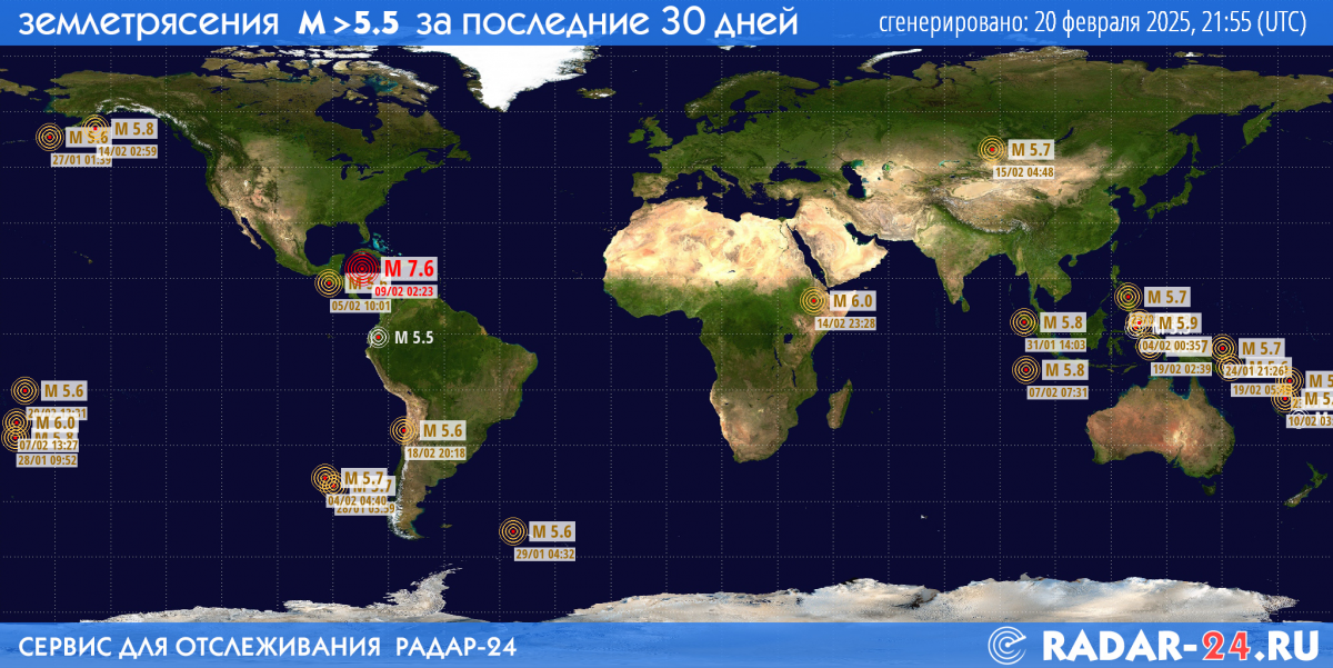 Землетрясения магнитудой 5.5 и более за последние 30 дней