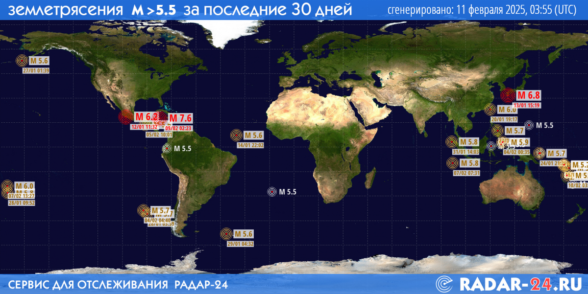 Землетрясения магнитудой 5.5 и более за последние 30 дней