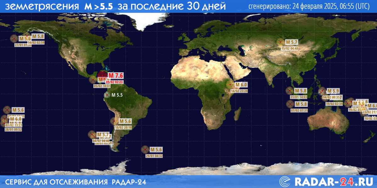 Землетрясения магнитудой 5.5 и более за последние 30 дней