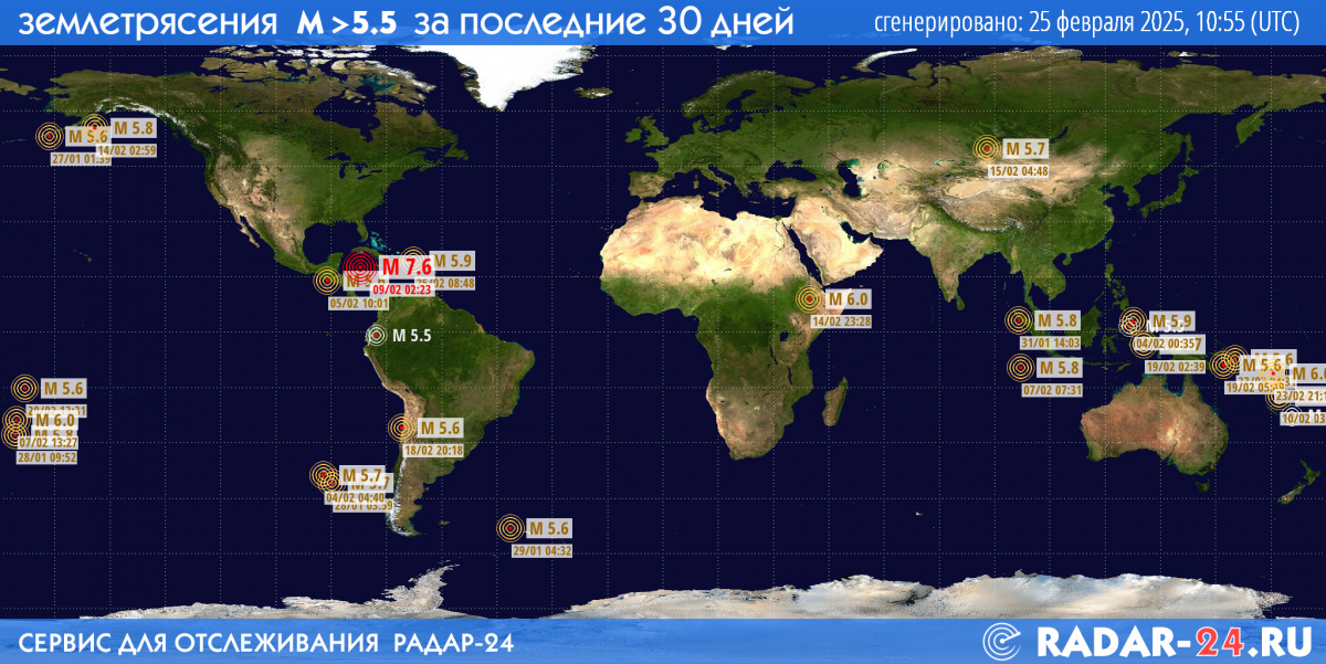 Землетрясения магнитудой 5.5 и более за последние 30 дней