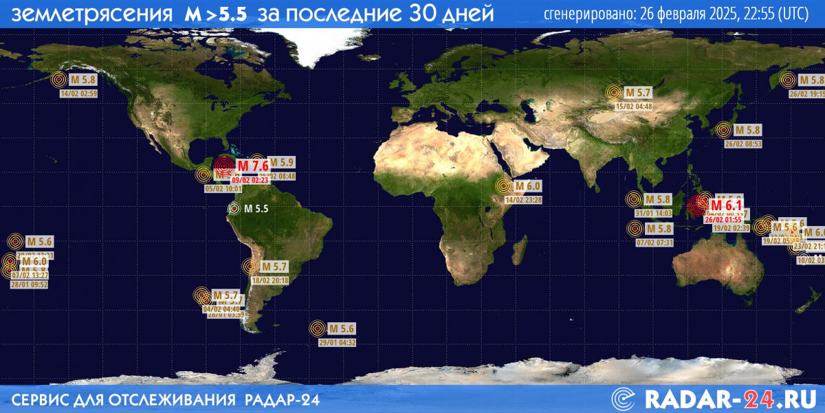 Землетрясения магнитудой 5.5 и более за последние 30 дней