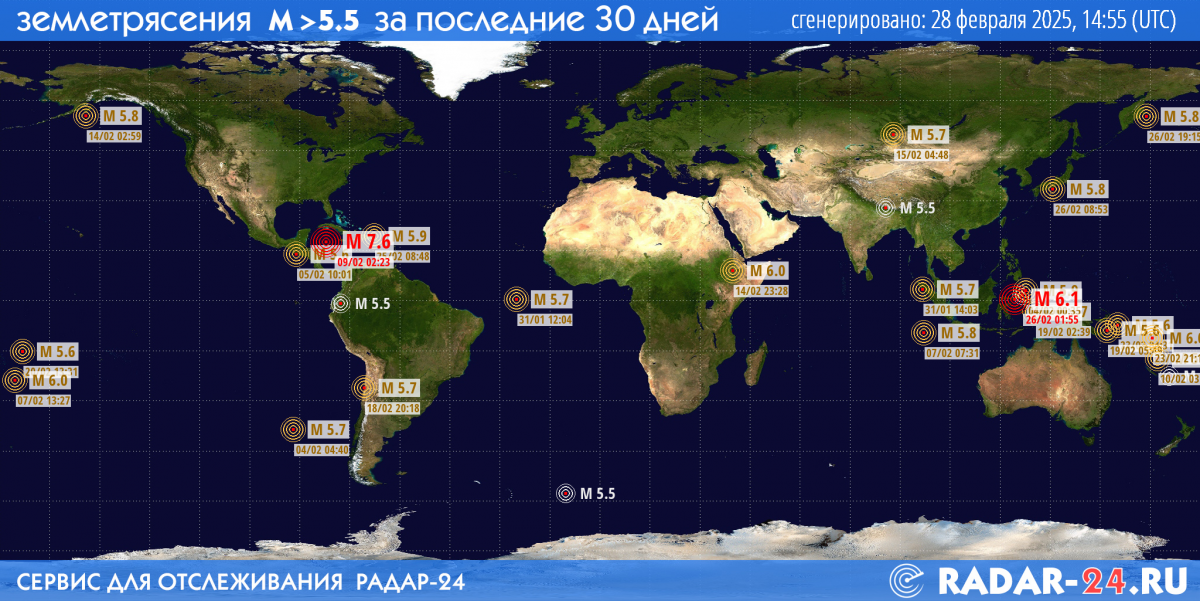 Землетрясения магнитудой 5.5 и более за последние 30 дней