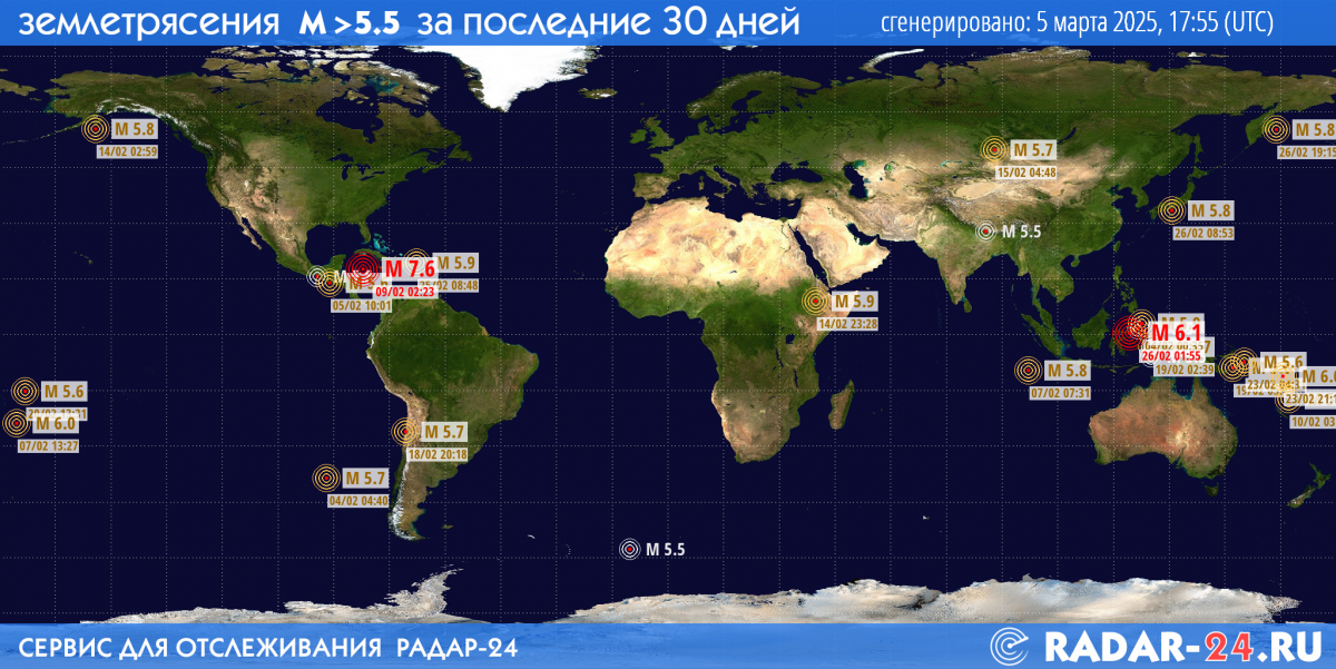 Землетрясения магнитудой 5.5 и более за последние 30 дней