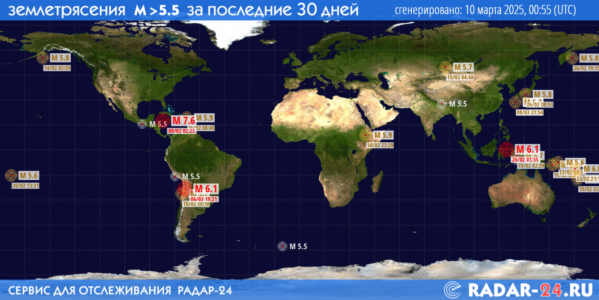 Землетрясения магнитудой 5.5 и более за последние 30 дней