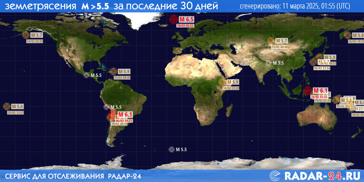 Землетрясения магнитудой 5.5 и более за последние 30 дней