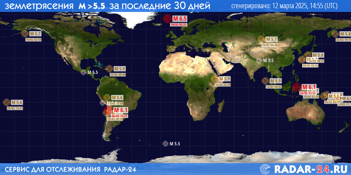 Землетрясения магнитудой 5.5 и более за последние 30 дней